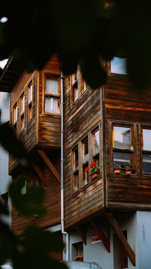 Free Vertical view of a rustic wooden cabin exterior adorned with flower boxes under a natural frame of greenery. Stock Photo