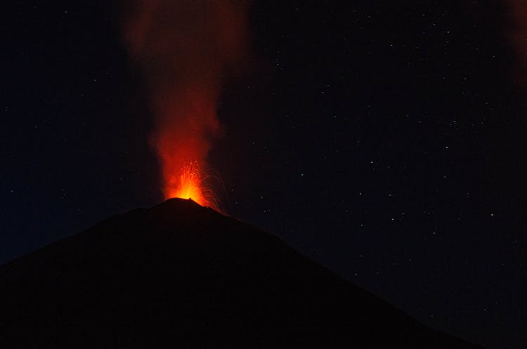 A Volcano Erupting During Night Time