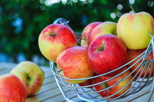 Free Vibrant red and yellow apples in a metal basket on a wooden table, outdoors. Stock Photo