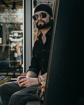 A man wearing sunglasses and a bandana enjoys a cup of coffee while sitting outdoors in a casual setting.