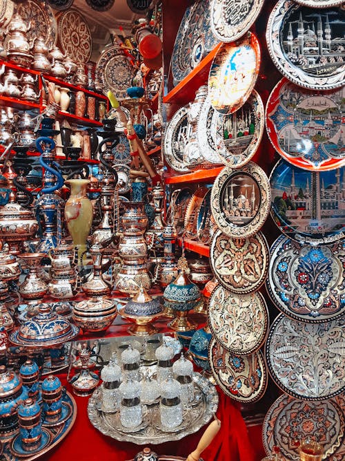 Traditional Ornamented Plates and Pottery on a Stall in Turkey 