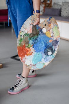Artist holding a colorful paint palette, showcasing creativity and artistic expression indoors.