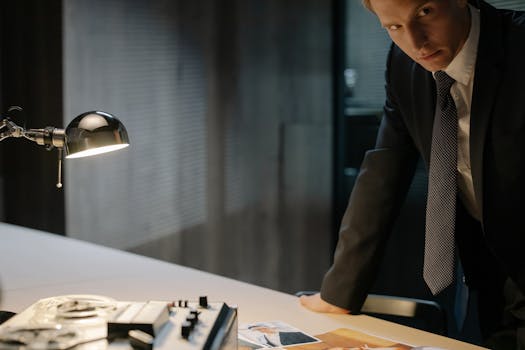 A detective in a suit examines evidence on a table under a lamp, focused on solving a case.