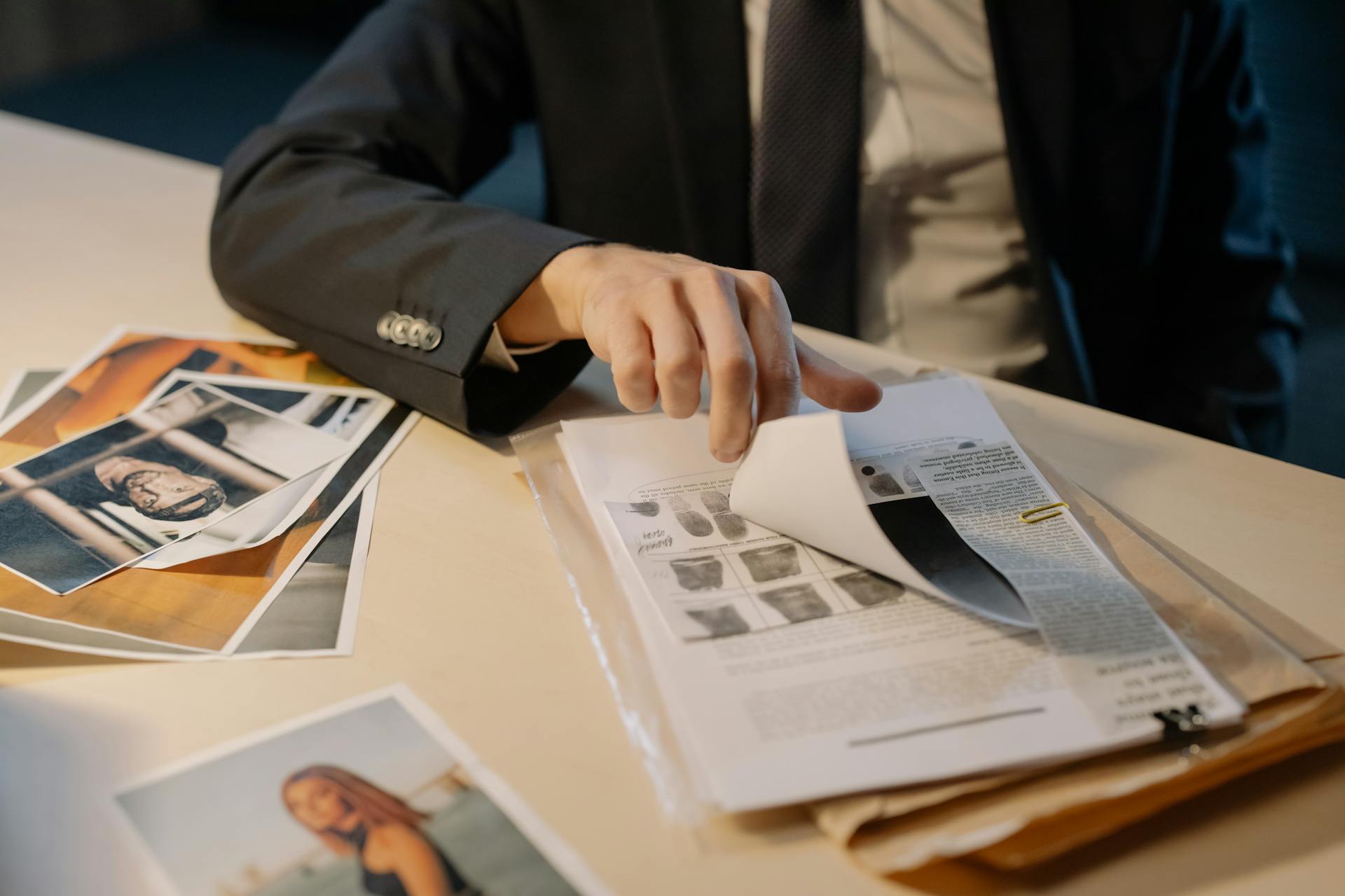 A businessman in a suit examining important documents on a table with photographs.