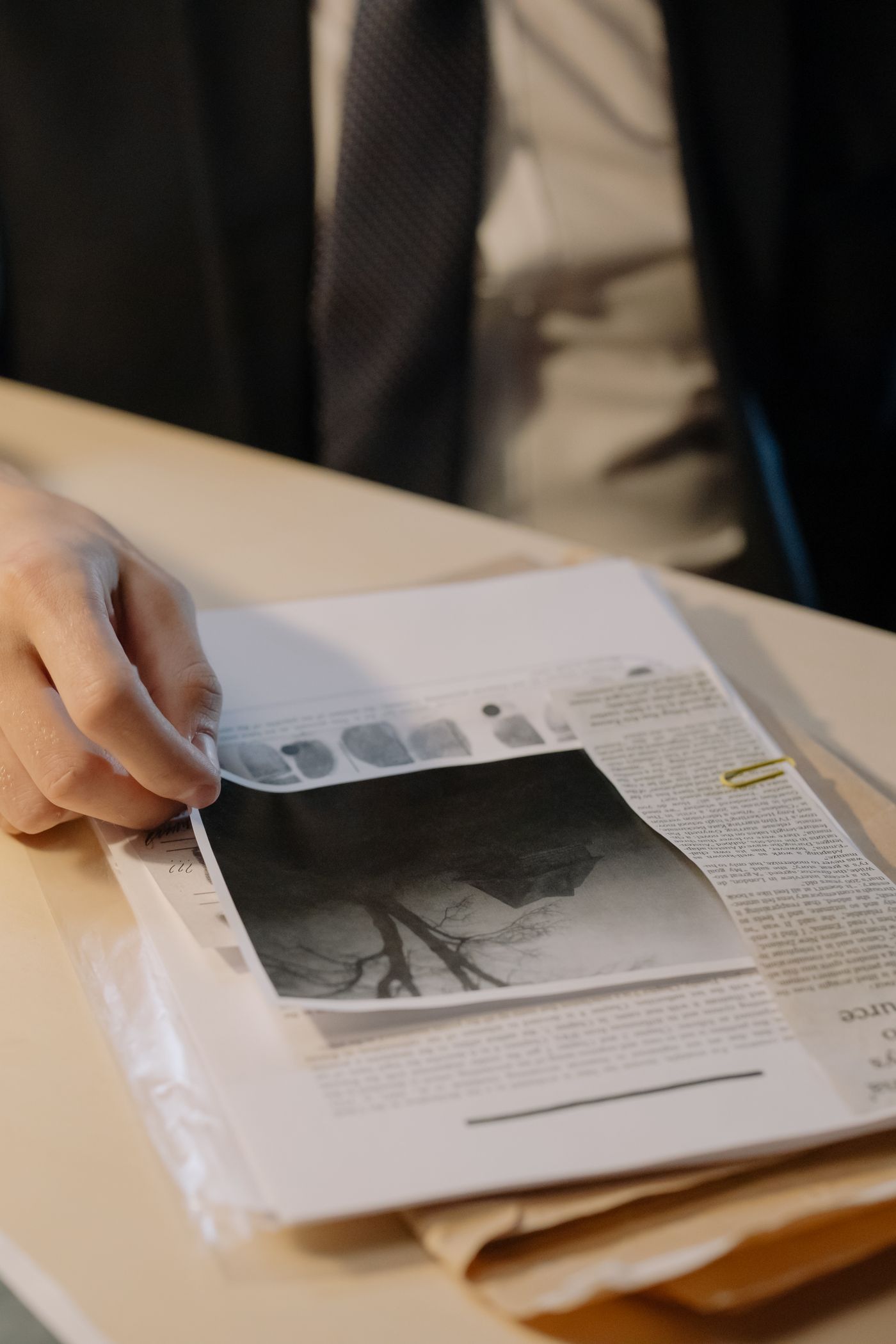 Une main trie des documents sur un bureau