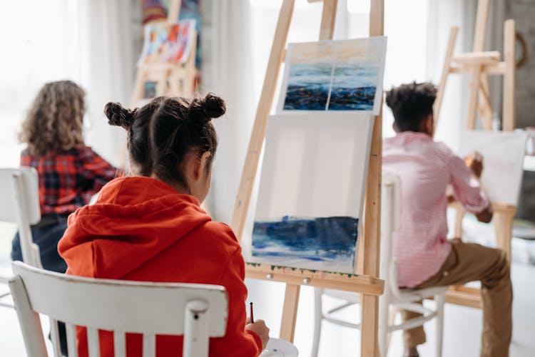 Kids Doing Painting On Canvas In Tripod