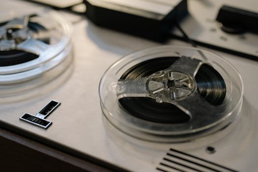 Close-up of a classic reel-to-reel tape recorder highlighting the retro aesthetic and technology.