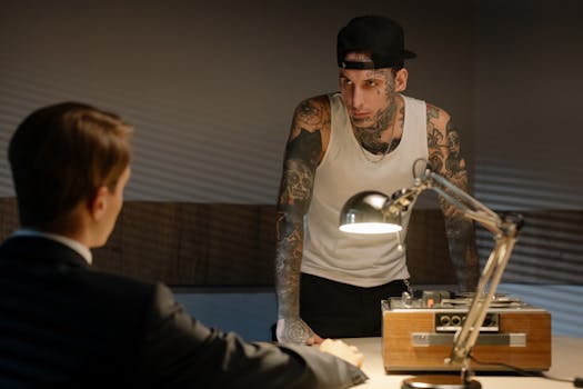 Identity theft - Tattooed man in a police interrogation room leaning over a desk with a tape recorder and lamp.