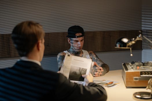 A detective interrogating a tattooed suspect in a dimly lit room, with evidence displayed on the table.