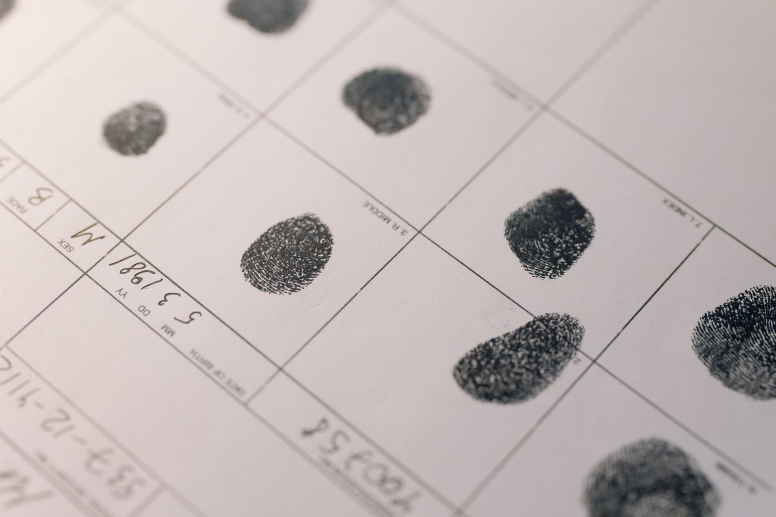 Macro view of an inked fingerprint on an evidence document