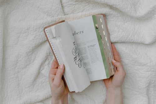 Free Close-up of hands holding an open Bible, highlighting the book of Numbers. Stock Photo
