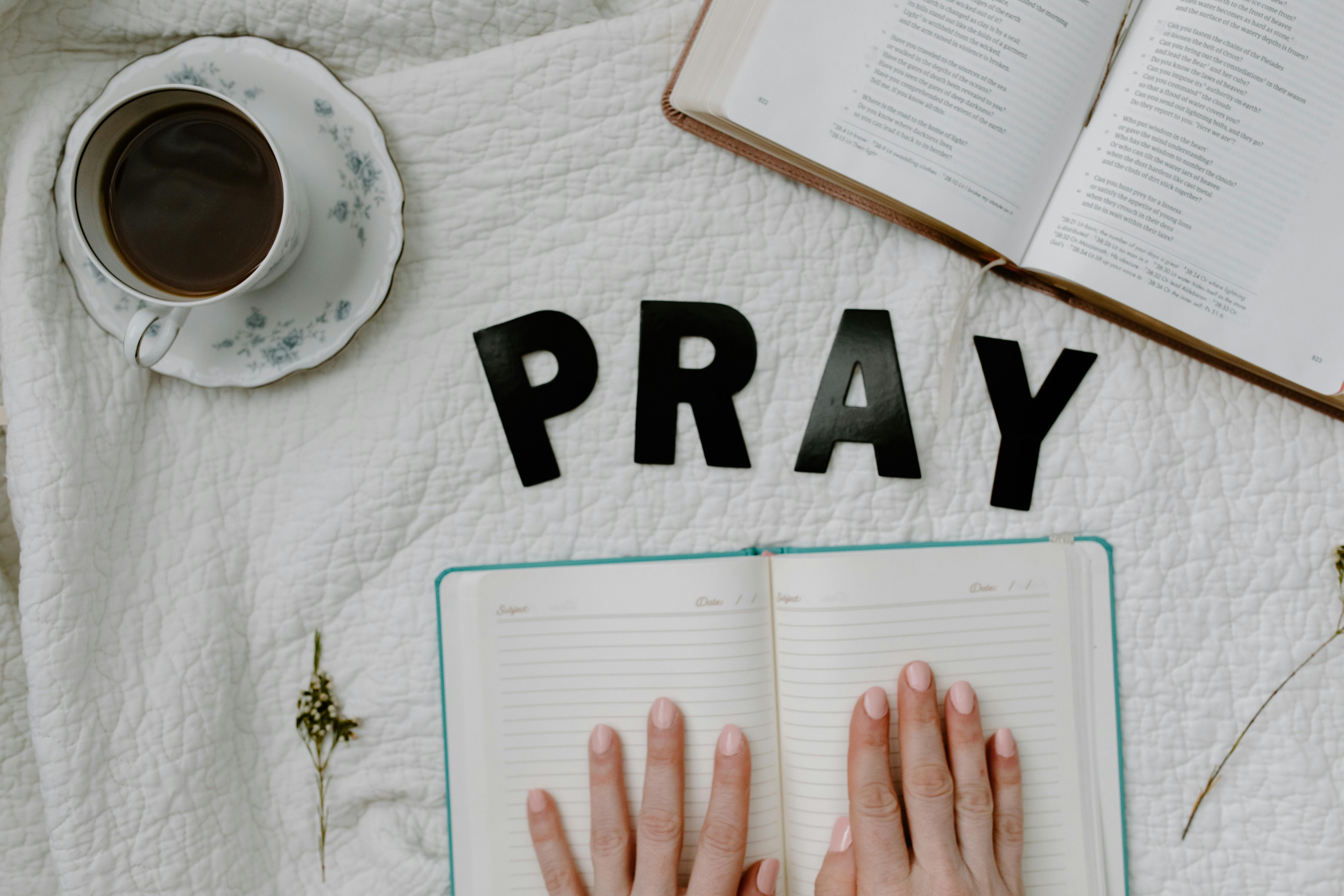 a person with a journal and a bible