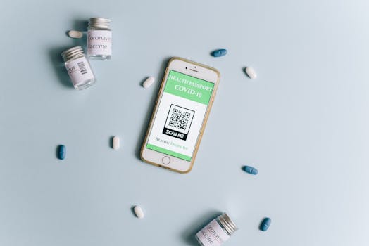 Image of a smartphone displaying a health passport alongside COVID-19 vaccine vials and pills on a light blue background.