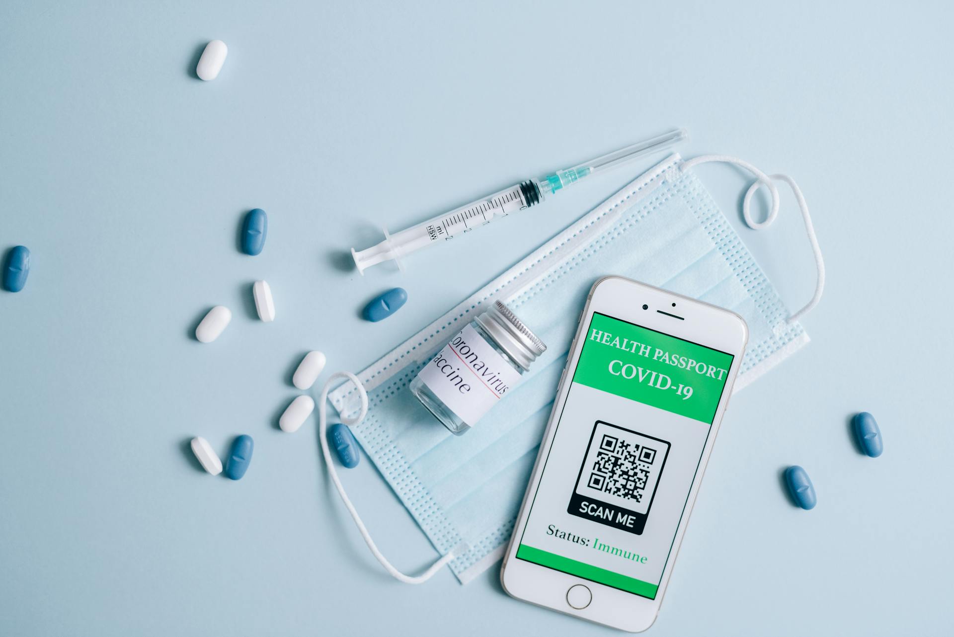 Health Passport, Face Mask and Pills in Overhead View