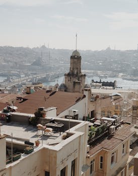 Aerial view of Istanbul's historic rooftops and the Bosphorus, showcasing the city's unique architecture and skyline.