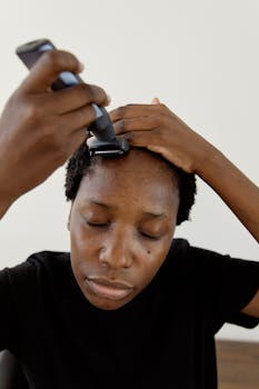 Close-up of a woman with afro hair trimming her head with a shaver.