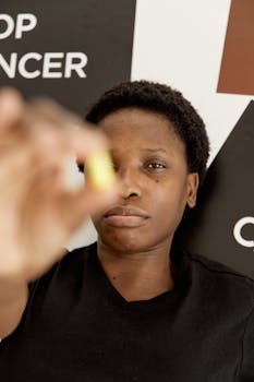 Empowering close-up of a courageous woman confronting cancer in a studio setting.