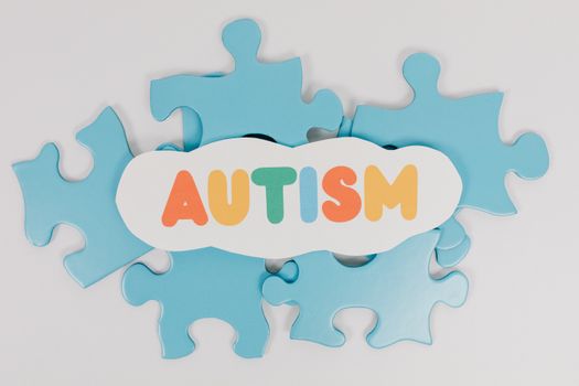 Colorful puzzle pieces with 'AUTISM' text symbolizing autism awareness.