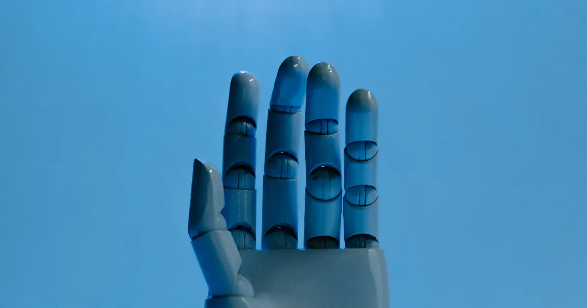 A blue robotic hand raised against a bright blue background, representing board AI governance reporting 2026