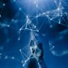 A robotic hand points toward a glowing, interconnected digital neural network on a dark blue background.