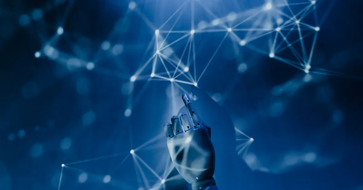 A robotic hand under a network of glowing points on a blue background, representing AI vendor data retention and the ChatGPT chat logs that British Columbia is demanding OpenAI disclose following