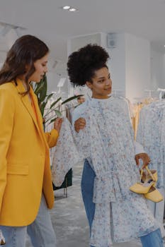 Two women shopping for stylish clothing in a modern fashion boutique.