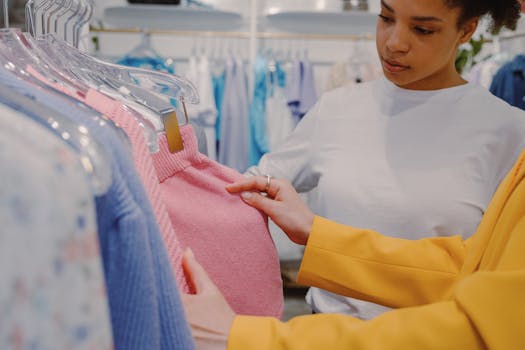 Two women selecting knitwear in a trendy boutique with colorful garments on display.