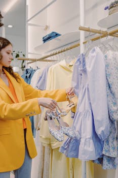 A woman in a yellow blazer shopping for dresses in a boutique with pastel colors.