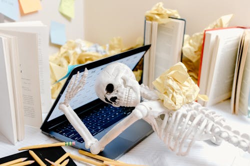 White Skull Figurine on Black Laptop Computer