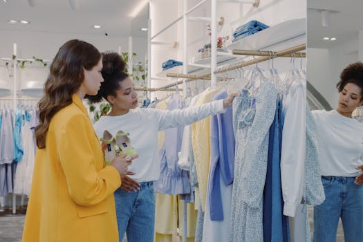 Two women exploring fashion choices in a stylish clothing store setting.