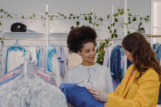 Two women shopping for clothes in a stylish, modern clothing store with a friendly atmosphere.