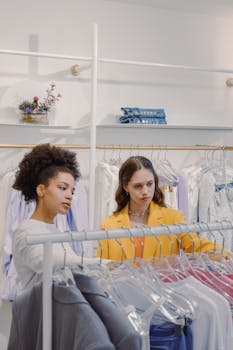Two women shopping for clothes in a stylish boutique.