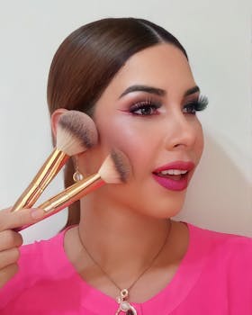 A stunning brunette woman showcases makeup skills using luxurious brushes.