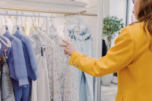 A customer in a yellow blazer browses stylish clothing in a chic boutique setting.