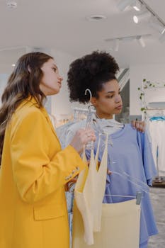 Two women shopping for trendy outfits in a chic fashion boutique.