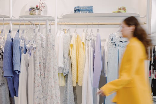 Blurred woman walks by colorful clothes rack in indoor fashion store.