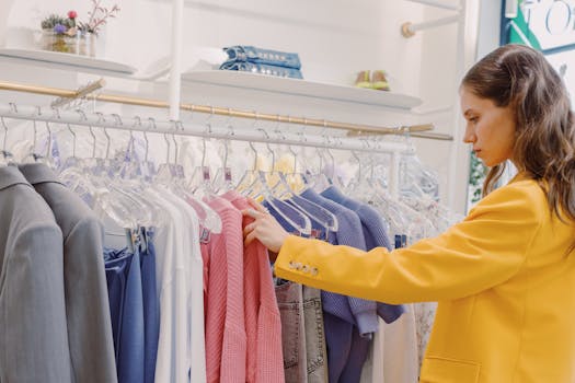 Woman browsing clothes on a rack in a clothing store, wearing a stylish yellow blazer.