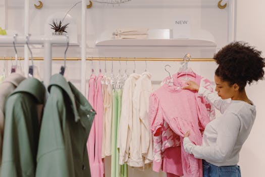 A stylish woman explores pink and pastel outfits in a modern boutique.