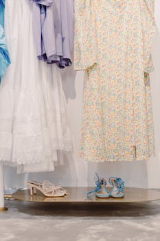 Elegant dresses hanging in a boutique with stylish shoes on display.