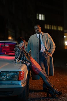 Asian woman and black man in retro fashion posing by a vintage car at night.