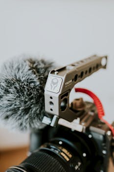 Professional camera with a microphone and handle bar setup for video recording.