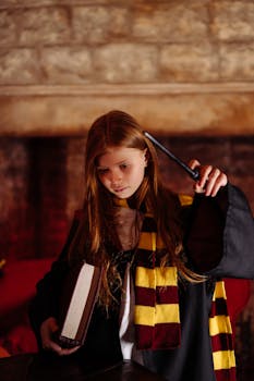 Young girl in wizard costume practicing magic with a wand indoors.