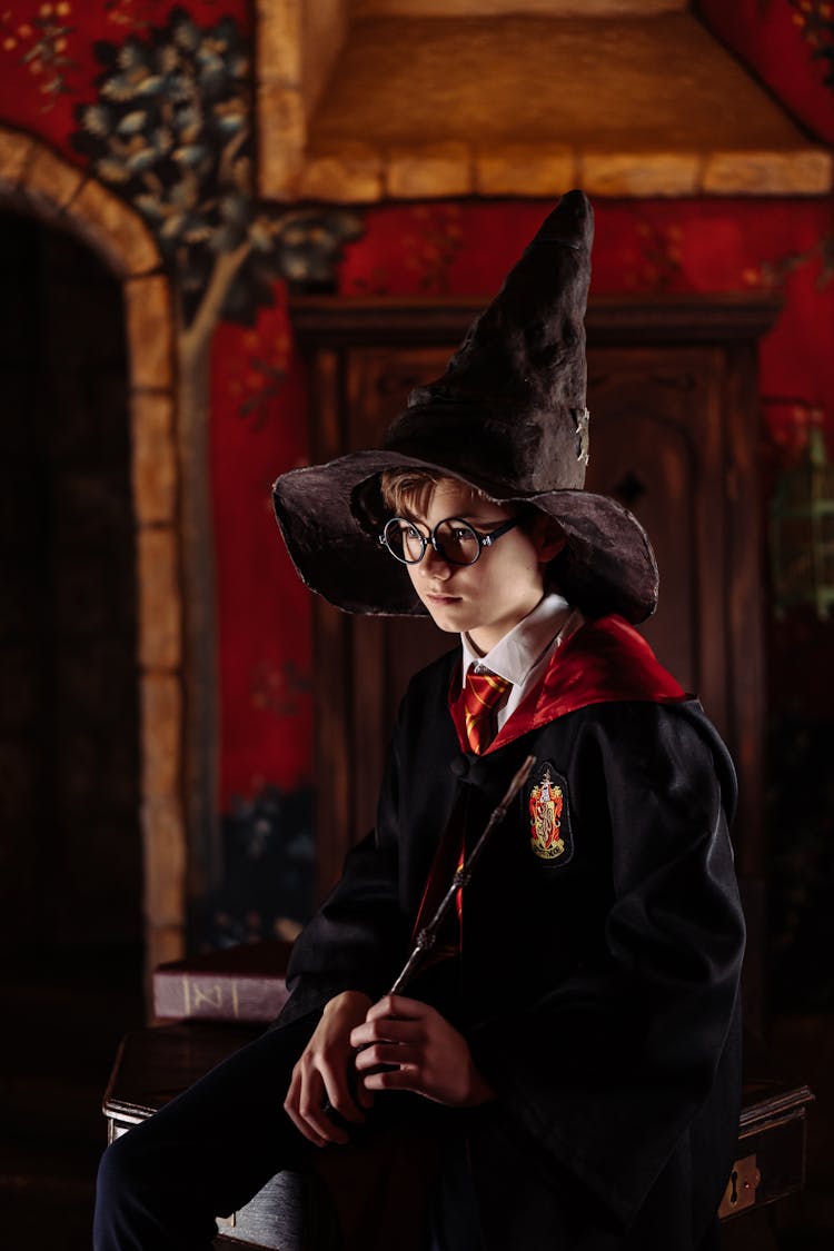 A Boy In A Harry Potter Costume Wearing The Sorting Hat 