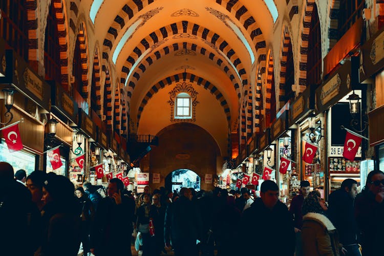 People Shopping Inside The Grand Bazaar In Istanbul, Turkey