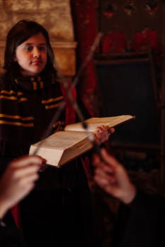 A young person dressed as a wizard holds an open book and a wand in a cozy, magical setting.