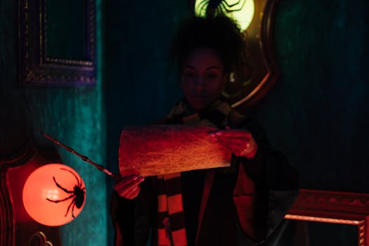 A wizardly woman holds a scroll and wand in a magical, dimly lit room.