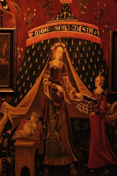 Medieval tapestry featuring a lady and unicorn, rich in detail and vibrant colors.