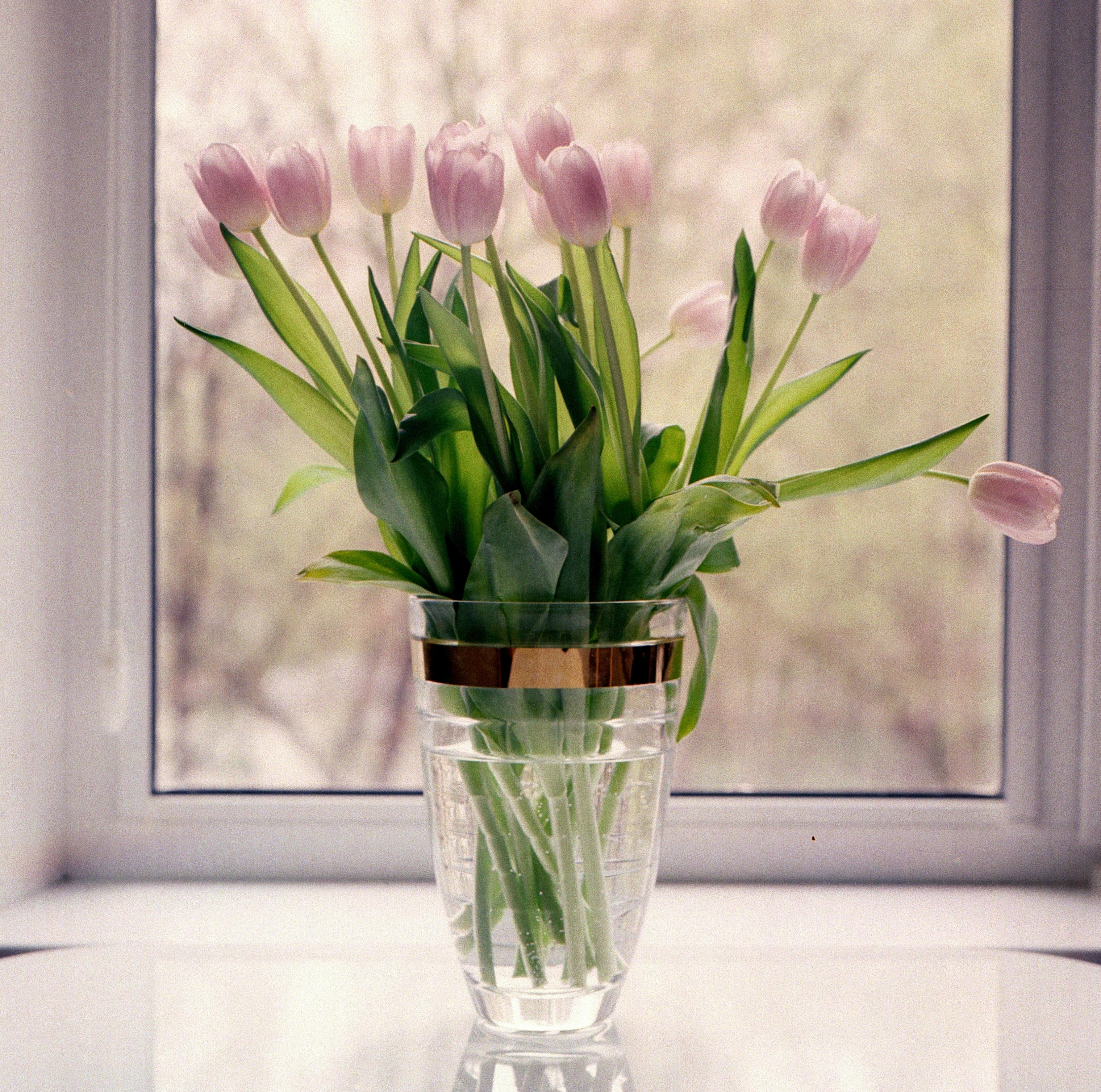 Front View Orange Juice Vase Pink Tulips Table Modern Kitchen Stock Photo  by ©EdZbarzhyvetsky 190380286