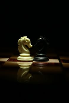 Two White and Black Chess Knights Facing Each Other on Chess Board