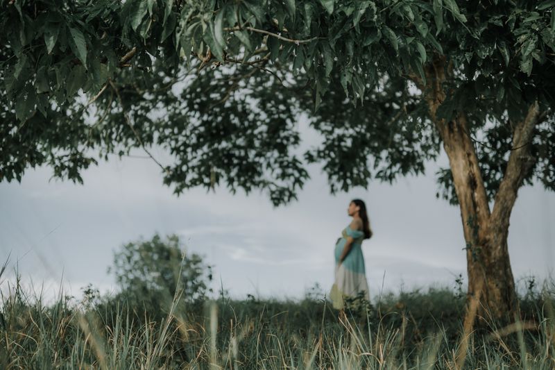 Serene image of a pregnant woman standing under a large tree in a grassy field.
